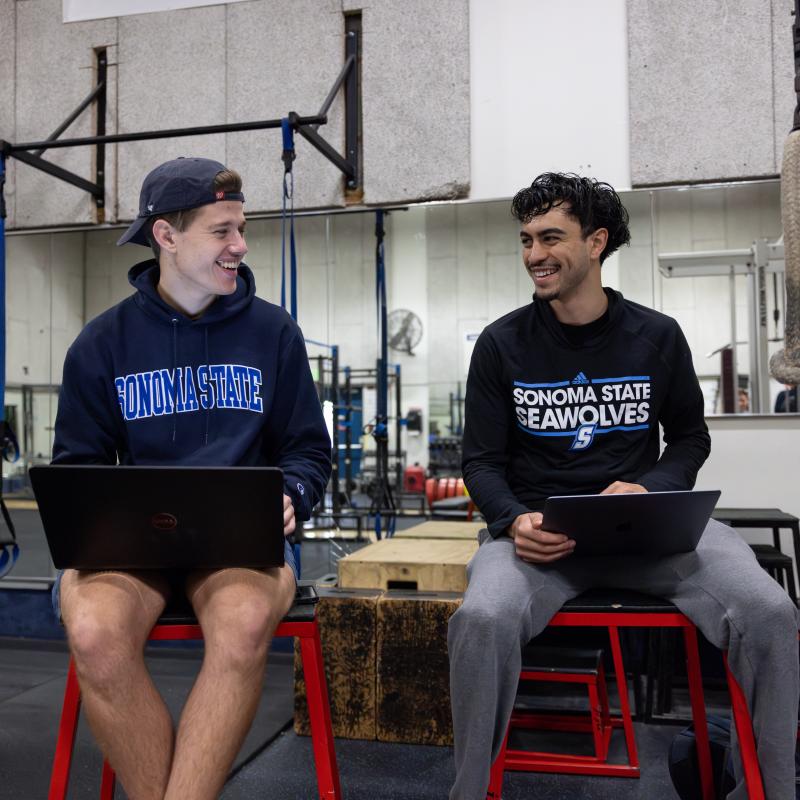 Two people on laptops talk to each other and smile